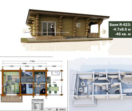 Проект бани с беседкой из бревна 260 мм